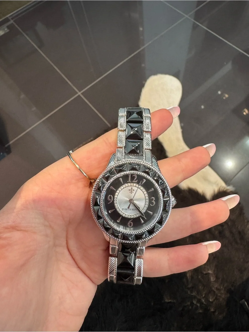 Judith Ripka Silvertone Watch Black Pyramid Stud Stone Bezel Textured Link Band